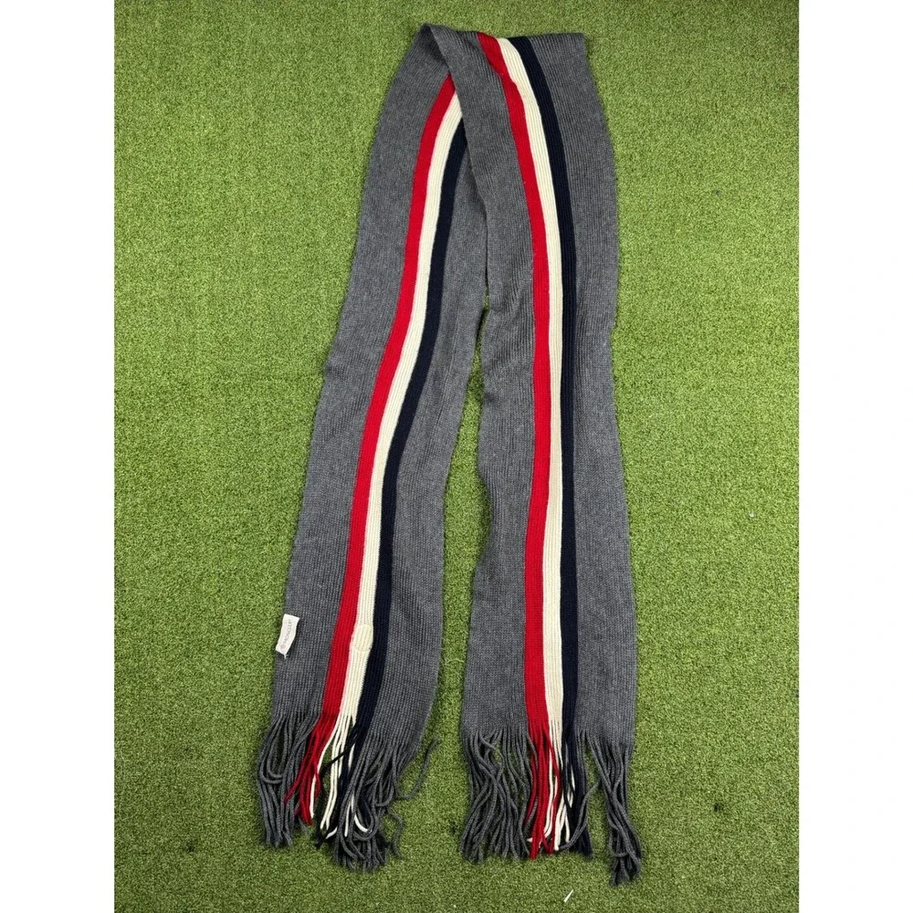 Moncler Wool Scarf Gray Red‎ Navy Stripe Logo Fringe Unisex - Picture 6 of 16